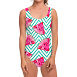 Teal Chevron Watermelon Pattern Print One Piece Swimsuit