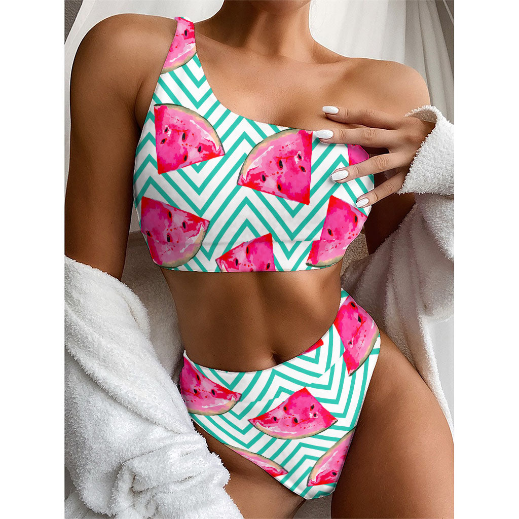 Teal Chevron Watermelon Pattern Print One Shoulder Bikini Top