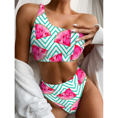 Teal Chevron Watermelon Pattern Print One Shoulder Bikini Top