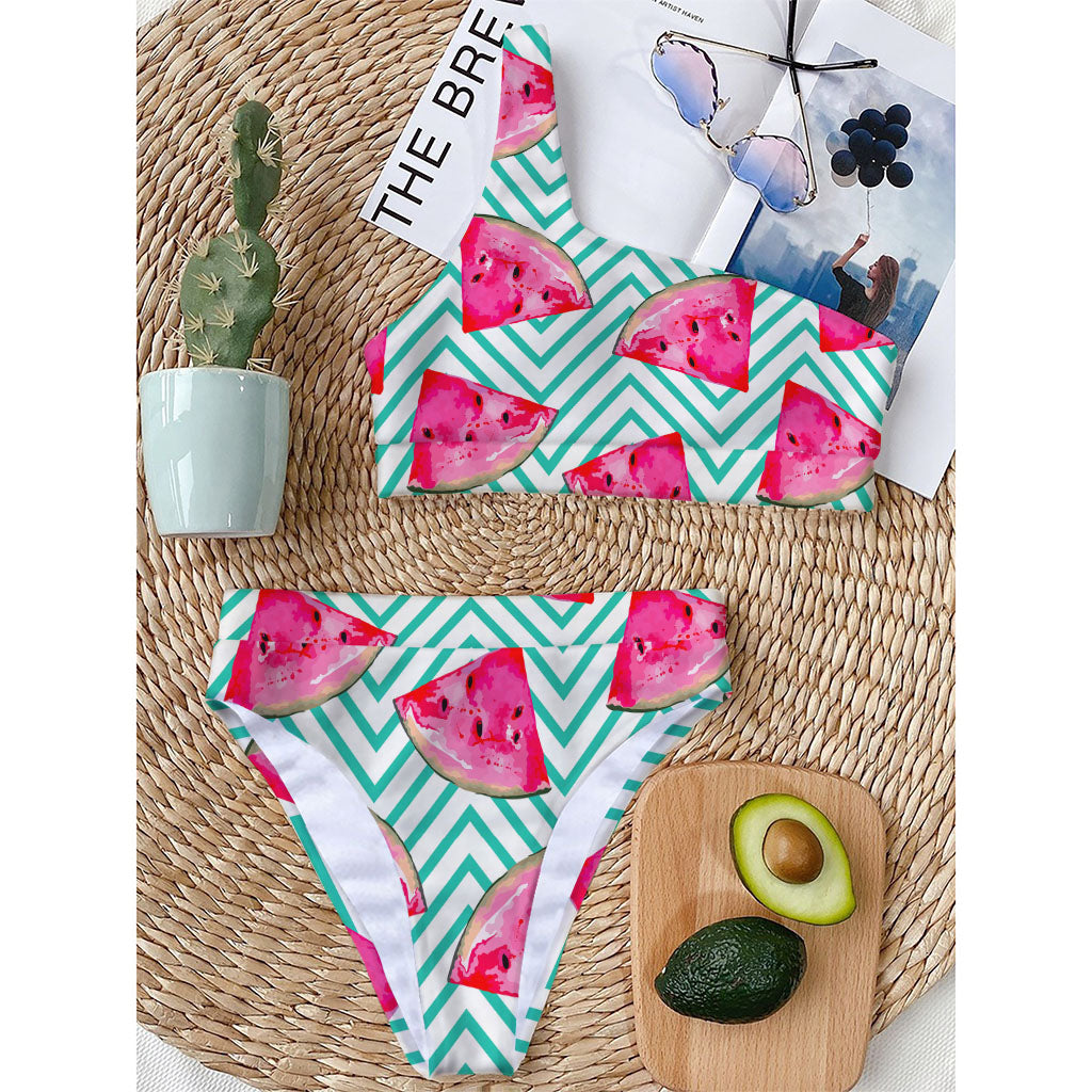 Teal Chevron Watermelon Pattern Print One Shoulder Bikini Top
