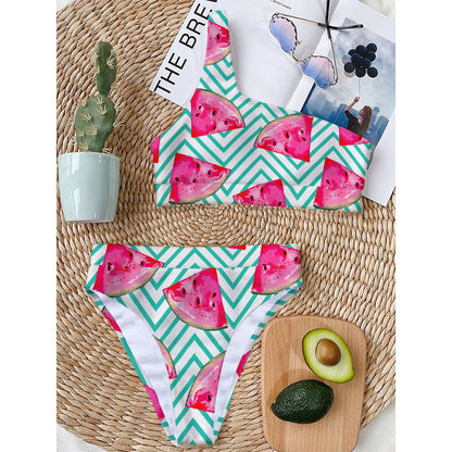 Teal Chevron Watermelon Pattern Print One Shoulder Bikini Top