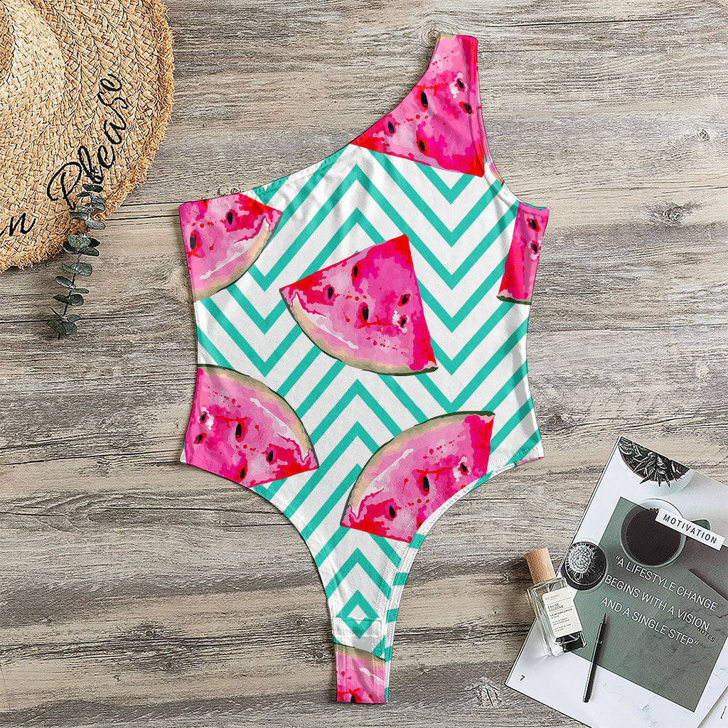 Teal Chevron Watermelon Pattern Print One Shoulder Bodysuit