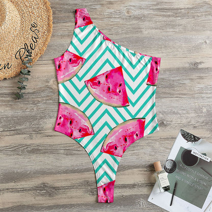 Teal Chevron Watermelon Pattern Print One Shoulder Bodysuit