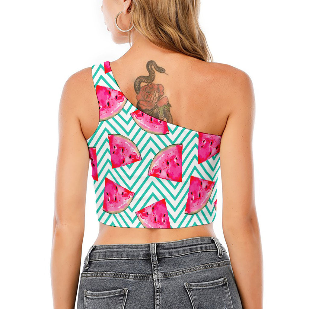 Teal Chevron Watermelon Pattern Print One Shoulder Crop Top