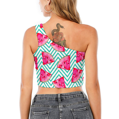 Teal Chevron Watermelon Pattern Print One Shoulder Crop Top