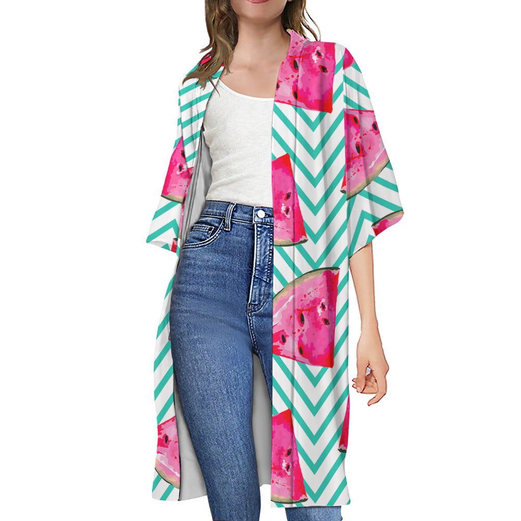 Teal Chevron Watermelon Pattern Print Open Front Beach Cover Up