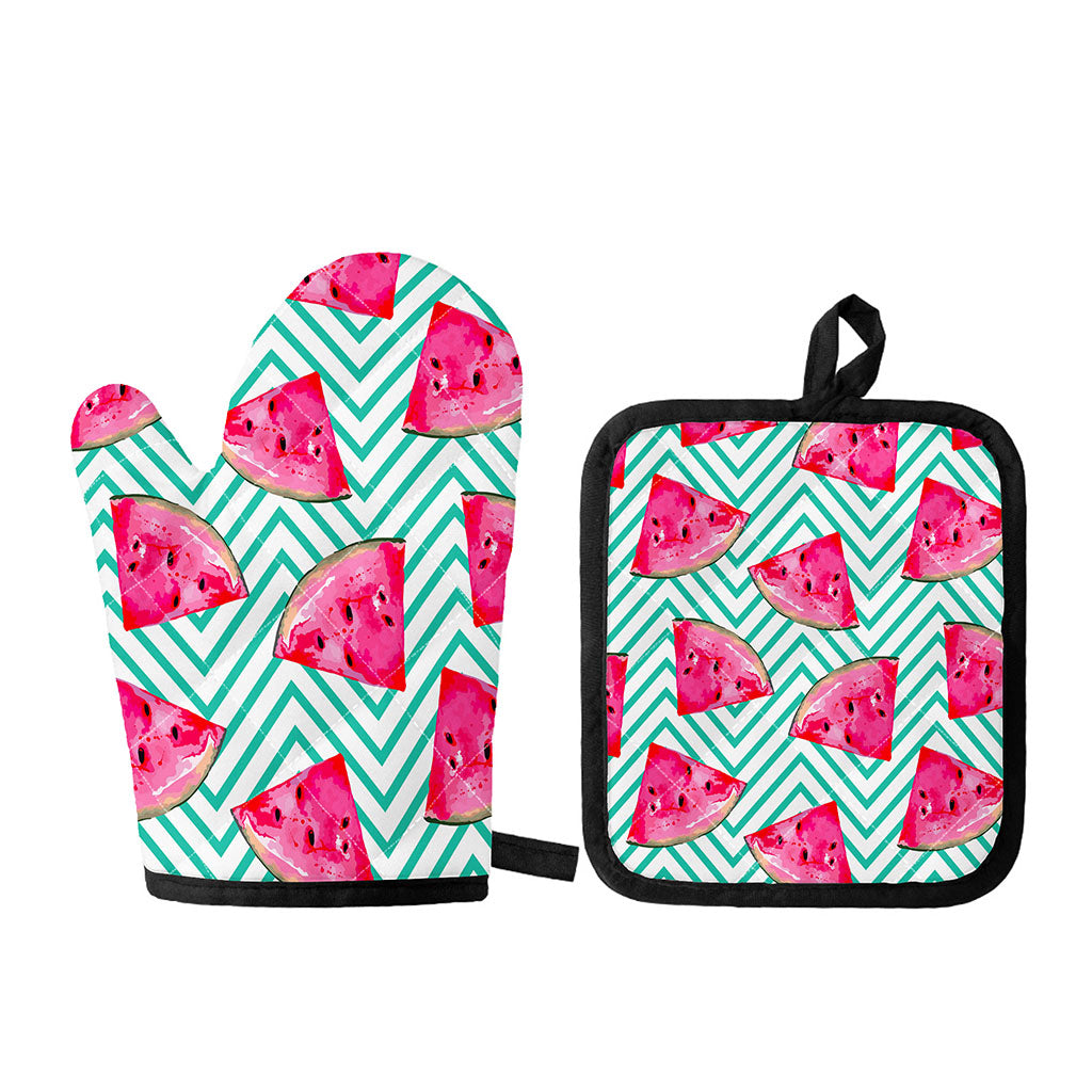 Teal Chevron Watermelon Pattern Print Oven Mitt And Pot Holder Set