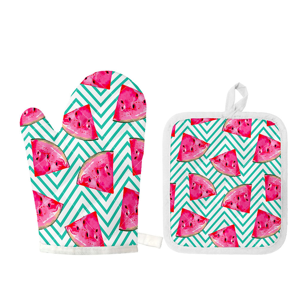 Teal Chevron Watermelon Pattern Print Oven Mitt And Pot Holder Set