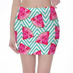 Teal Chevron Watermelon Pattern Print Pencil Mini Skirt