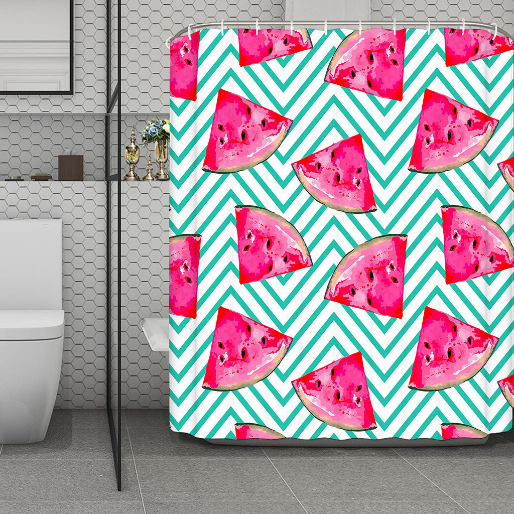 Teal Chevron Watermelon Pattern Print Polyester Shower Curtain