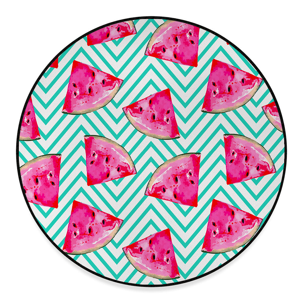 Teal Chevron Watermelon Pattern Print Round Floor Mat