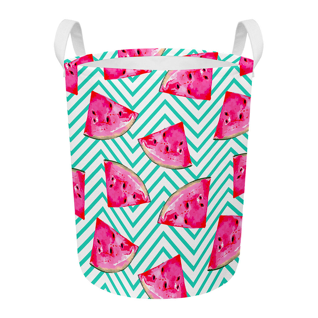 Teal Chevron Watermelon Pattern Print Round Laundry Basket
