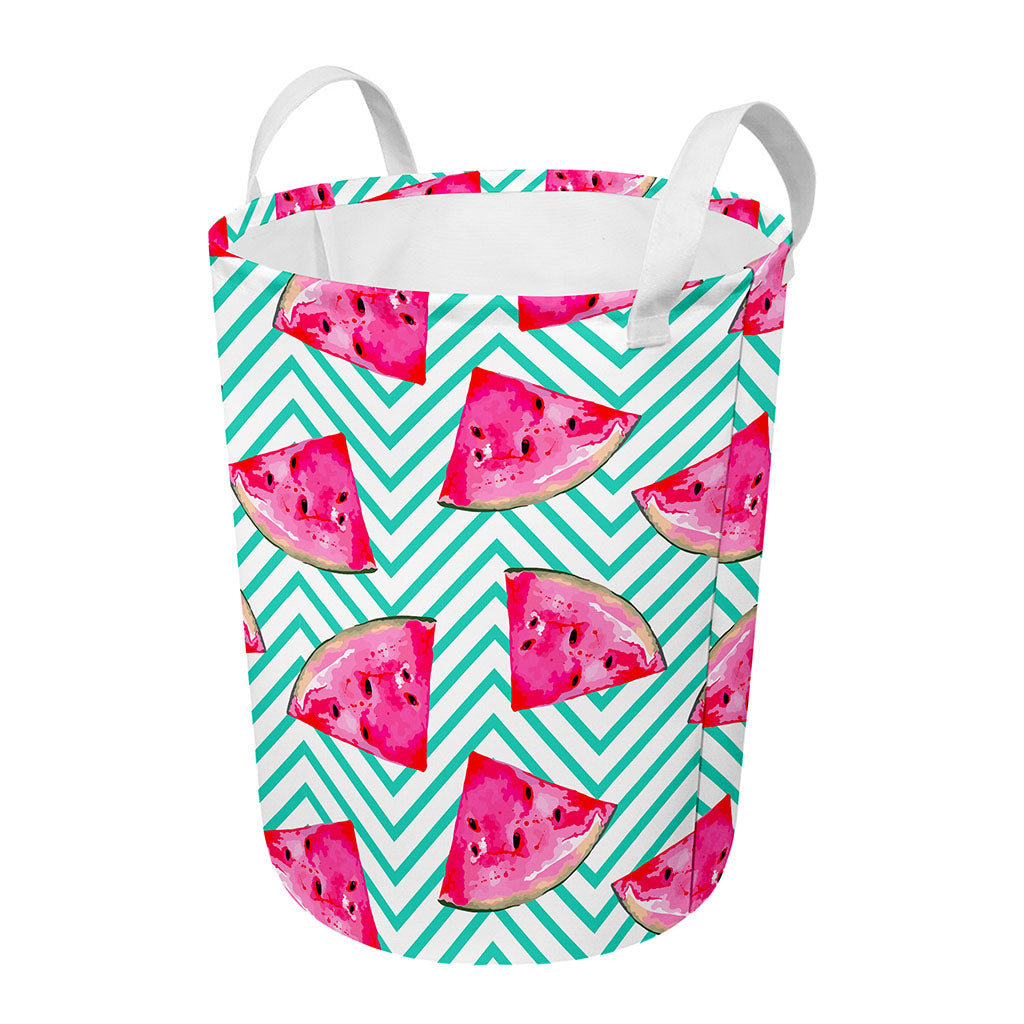 Teal Chevron Watermelon Pattern Print Round Laundry Basket