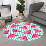 Teal Chevron Watermelon Pattern Print Round Rug