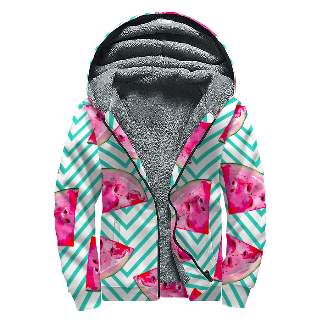 Teal Chevron Watermelon Pattern Print Sherpa Lined Zip Up Hoodie