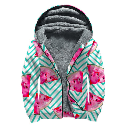 Teal Chevron Watermelon Pattern Print Sherpa Lined Zip Up Hoodie