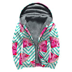 Teal Chevron Watermelon Pattern Print Sherpa Lined Zip Up Hoodie