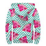 Teal Chevron Watermelon Pattern Print Sherpa Lined Zip Up Hoodie