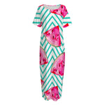 Teal Chevron Watermelon Pattern Print Short Sleeve Long Nightdress