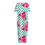 Teal Chevron Watermelon Pattern Print Short Sleeve Long Nightdress