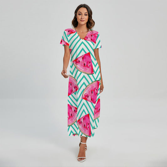 Teal Chevron Watermelon Pattern Print Short Sleeve Maxi Dress