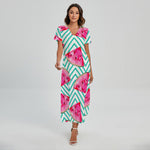 Teal Chevron Watermelon Pattern Print Short Sleeve Maxi Dress