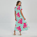 Teal Chevron Watermelon Pattern Print Short Sleeve Maxi Dress