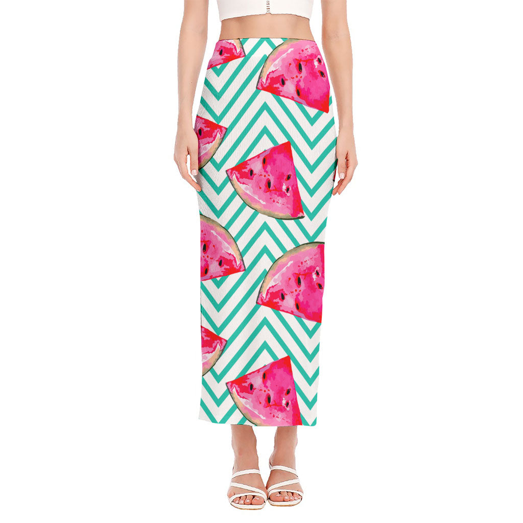 Teal Chevron Watermelon Pattern Print Side Slit Maxi Skirt