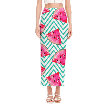 Teal Chevron Watermelon Pattern Print Side Slit Maxi Skirt