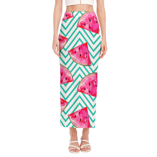 Teal Chevron Watermelon Pattern Print Side Slit Maxi Skirt