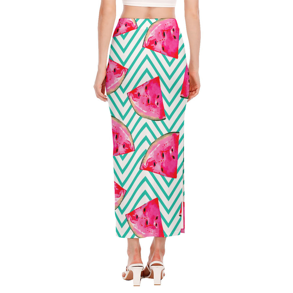 Teal Chevron Watermelon Pattern Print Side Slit Maxi Skirt