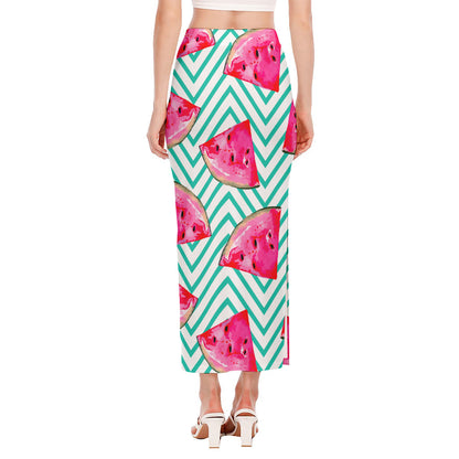 Teal Chevron Watermelon Pattern Print Side Slit Maxi Skirt