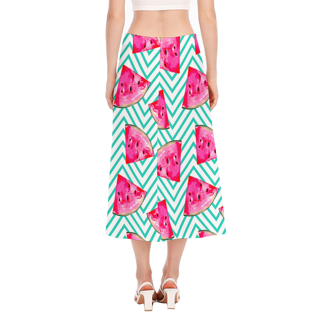 Teal Chevron Watermelon Pattern Print Side Slit Midi Skirt