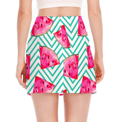 Teal Chevron Watermelon Pattern Print Side Slit Mini Skirt