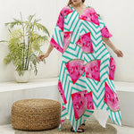 Teal Chevron Watermelon Pattern Print Silk V-Neck Kaftan Dress