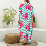 Teal Chevron Watermelon Pattern Print Silk V-Neck Kaftan Dress