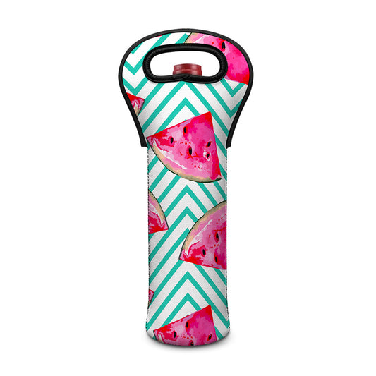 Teal Chevron Watermelon Pattern Print Single Neoprene Wine Tote