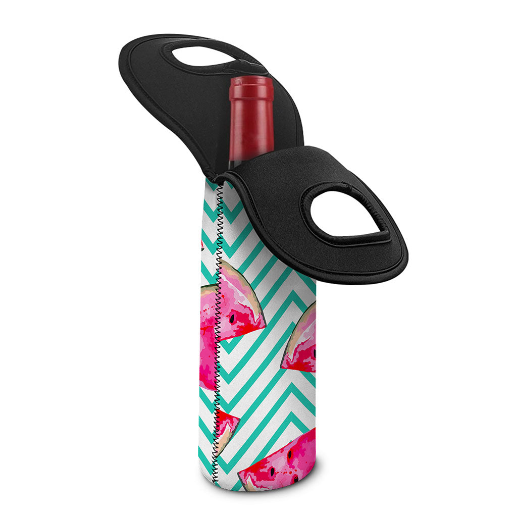 Teal Chevron Watermelon Pattern Print Single Neoprene Wine Tote