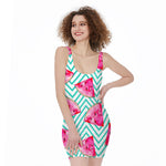 Teal Chevron Watermelon Pattern Print Sleeveless Bodycon Dress