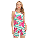 Teal Chevron Watermelon Pattern Print Sleeveless One Piece Swimsuit