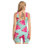 Teal Chevron Watermelon Pattern Print Sleeveless One Piece Swimsuit