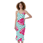 Teal Chevron Watermelon Pattern Print Slim Fit Midi Cami Dress