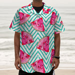Teal Chevron Watermelon Pattern Print Textured Short Sleeve Shirt
