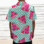 Teal Chevron Watermelon Pattern Print Textured Short Sleeve Shirt