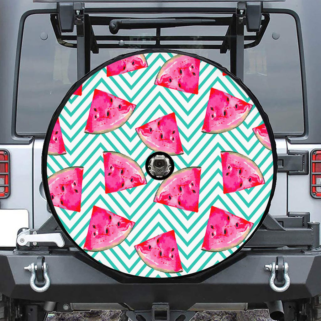 Teal Chevron Watermelon Pattern Print Tire Cover With Camera Hole
