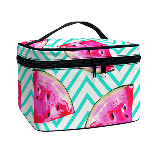 Teal Chevron Watermelon Pattern Print Travel Makeup Bag