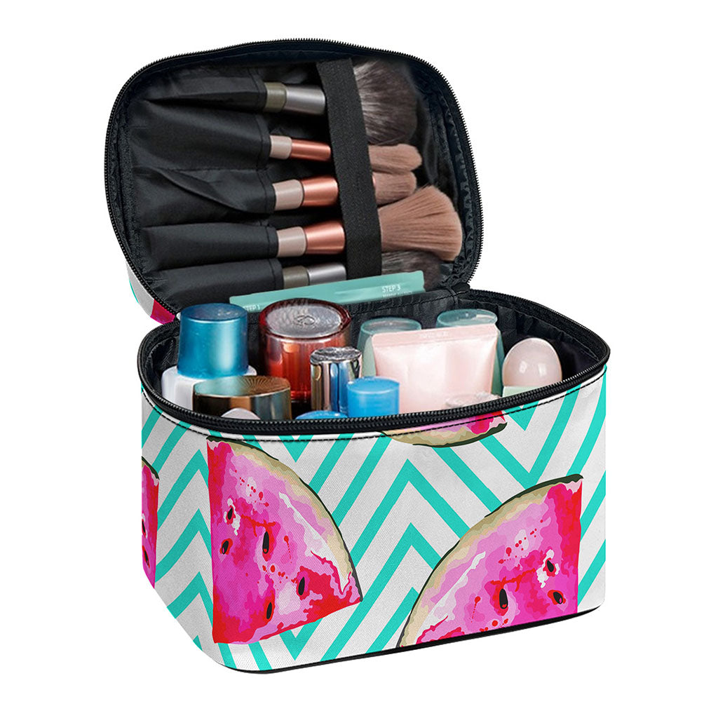 Teal Chevron Watermelon Pattern Print Travel Makeup Bag