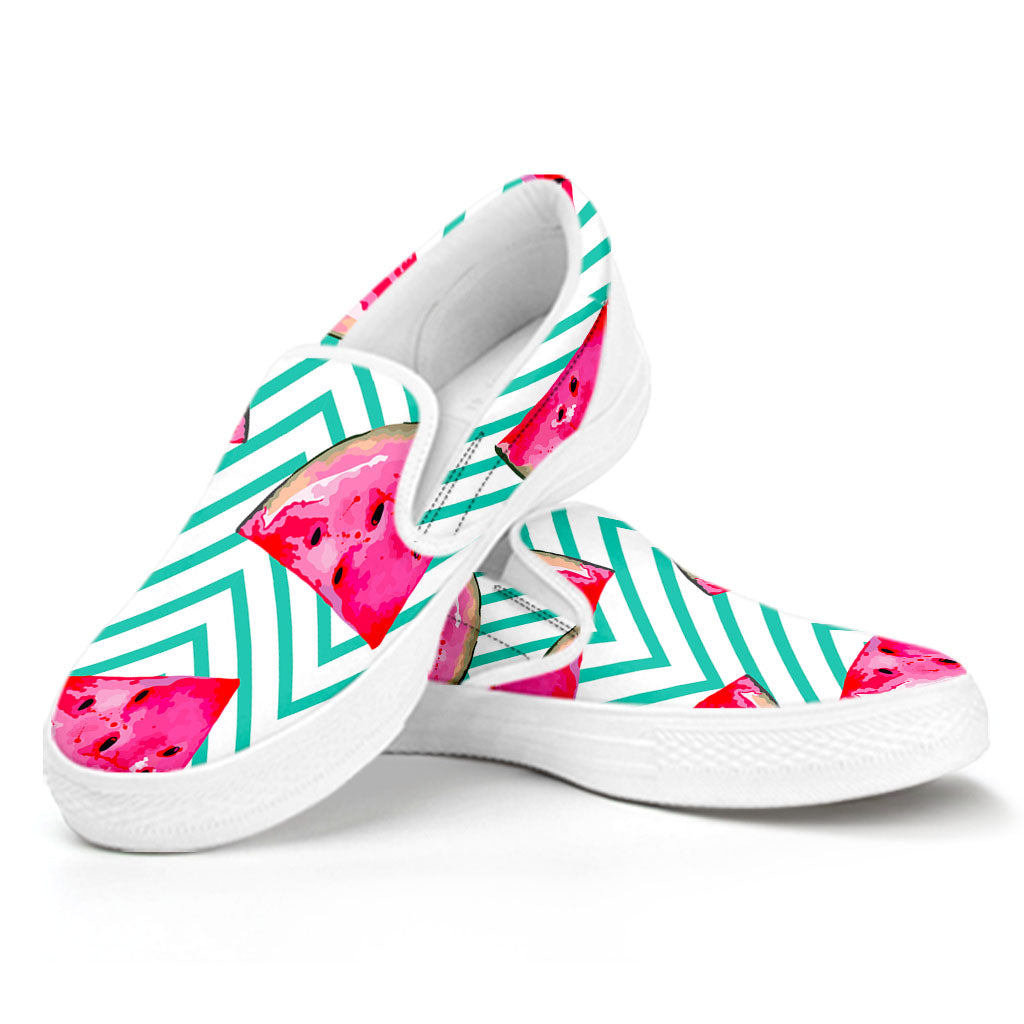 Teal Chevron Watermelon Pattern Print White Slip On Sneakers