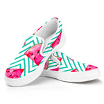 Teal Chevron Watermelon Pattern Print White Slip On Sneakers