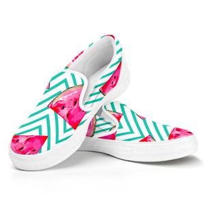 Teal Chevron Watermelon Pattern Print White Slip On Sneakers